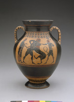 Bauchamphora - Herakles ringt mit dem nemeischen Löwen; Kriegerabschied