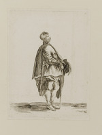 Mann in polnischer Kleidung mit Axt, im Profil nach rechts