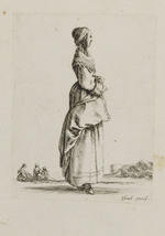 Dame im Profil nach rechts, im Hintergrund Frauen mit Kindern