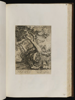 Landschaft mit knorrigen Bäumen und betendem Eremiten