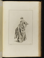 Junge Frau in Rückansicht, ihren Rock mit der linken Hand raffend