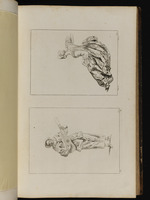 Oben: Junge sitzende Frau mit aufgestütztem rechten Arm, nach links gewandt; unten: Mann mit Gitarre