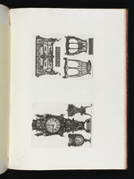 Zwei Gruppen von Möbelstücken: Links zwei Uhren und ein Stuhl, rechts eine Kommode, eine Sänfte und eine Kutsche