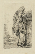 Stehender Mann, den linken Arm auf einen Sockel gestützt