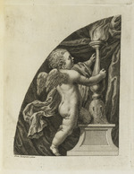 Kreissegment mit nach rechts gewandtem Putto, mit dem linken Bein auf dem Postament eines Leuchters kniend und diesen anschauend