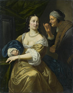 Eine alte Kupplerin bietet einer jungen Frau Juwelen an