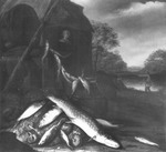 Fischstillleben vor einer Landschaft mit Fischern