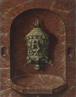 Steinerne Nische mit reliefiertem Wasserbehälter und Schale