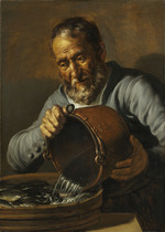 Das Wasser und das Greisenalter: Fischhändler mit Wassereimer und Fischbottich