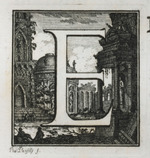 Initiale E mit Grabmal und Ruinen