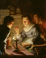 "Der Geiz". Alte Frau beim Goldwiegen