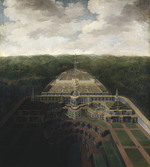 Ansicht der Gesamtanlage des Karlsberges von den Kaskaden und Gärten unterhalb des Schlosses bis zum Oktogon (Nr. 8)