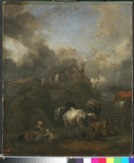 Bauer beim entladen eines Pferdekarrens