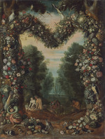 Landschaft mit Satyrn und Nymphen, eingefaßt von einem Blumen- und Früchtekranz